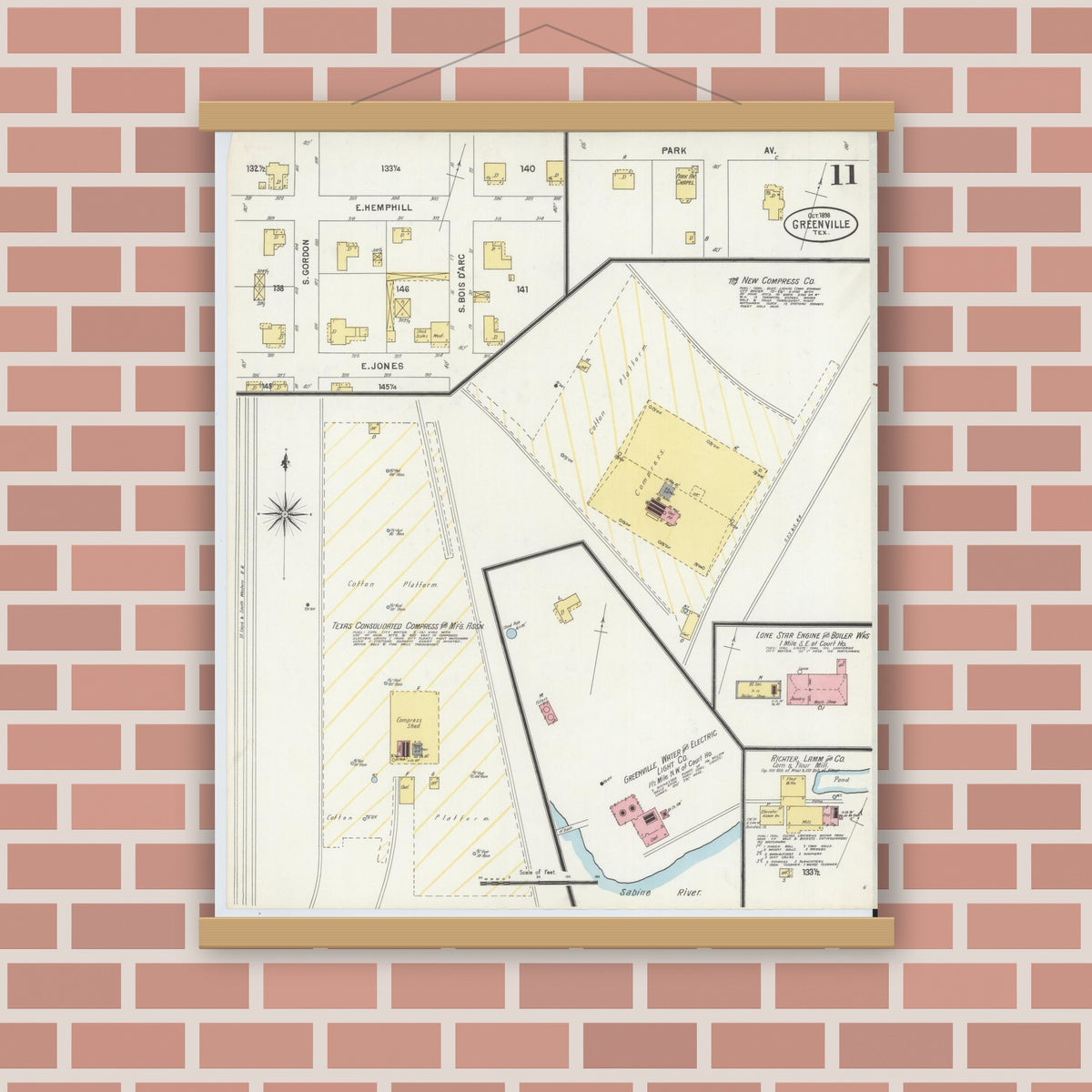 Old map wall art mockup — magnetic wood frame on brick wall — Sanborn Fire Insurance Map from Greenville, Hunt County, Texas (1898), Sheet #0011