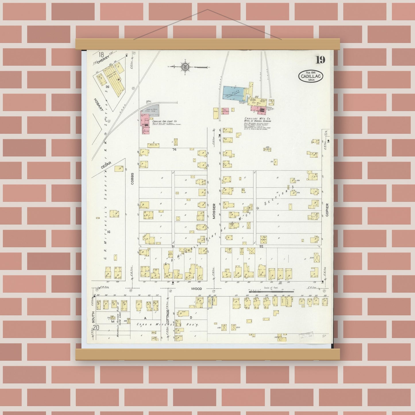 Old map wall art mockup — magnetic wood frame on brick wall — Sanborn Fire Insurance Map from Cadillac, Wexford County, Michigan (1914), Sheet #0019