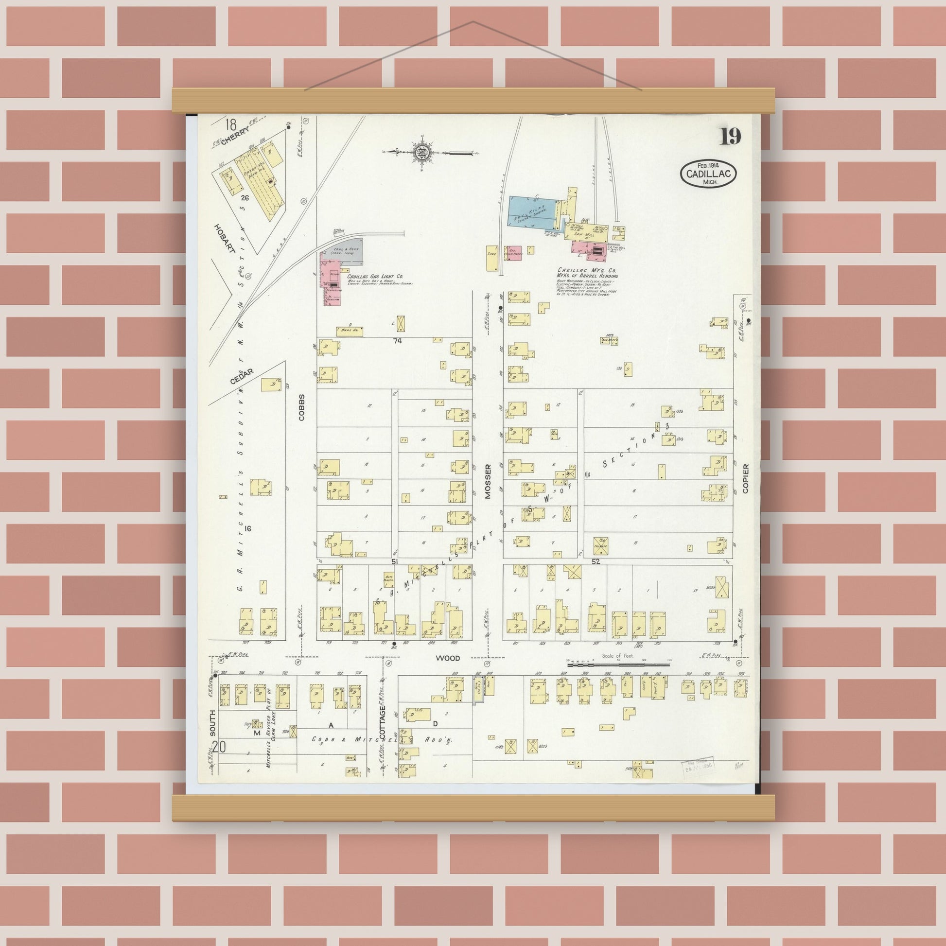 Old map wall art mockup — magnetic wood frame on brick wall — Sanborn Fire Insurance Map from Cadillac, Wexford County, Michigan (1914), Sheet #0019