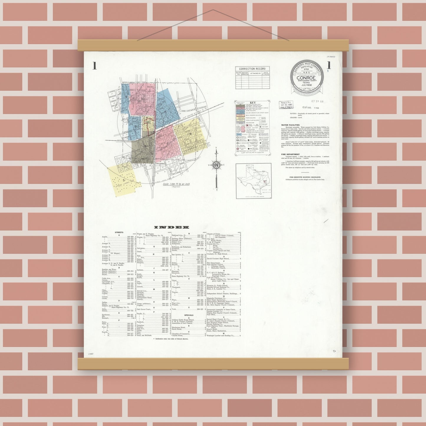 Old map wall art mockup — magnetic wood frame on brick wall — Sanborn Fire Insurance Map from Conroe, Montgomery County, Texas (1938) - Complete Map Set