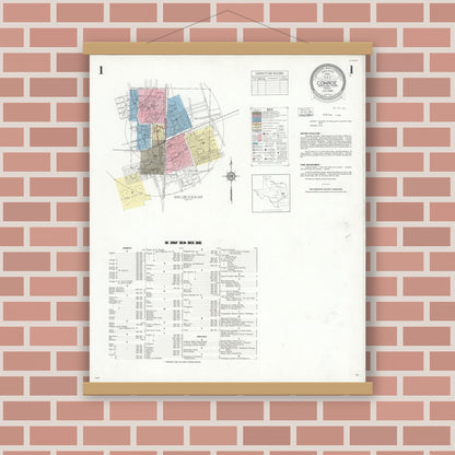 Old map wall art mockup — magnetic wood frame on brick wall — Sanborn Fire Insurance Map from Conroe, Montgomery County, Texas (1938) - Complete Map Set