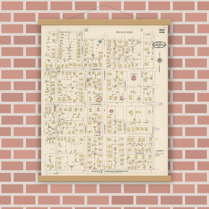 Old map wall art mockup — magnetic wood frame on brick wall — Sanborn Fire Insurance Map from Gainesville, Cooke County, Texas (1922), Sheet #0022