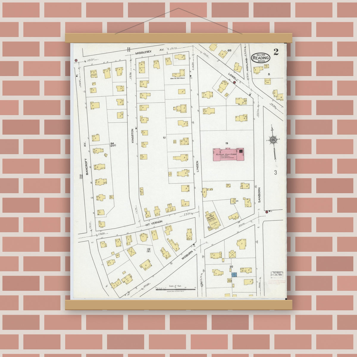 Old map wall art mockup — magnetic wood frame on brick wall — Sanborn Fire Insurance Map from Reading, Middlesex County, Massachusetts (1918), Sheet #0002