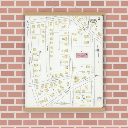 Old map wall art mockup — magnetic wood frame on brick wall — Sanborn Fire Insurance Map from Reading, Middlesex County, Massachusetts (1918), Sheet #0002