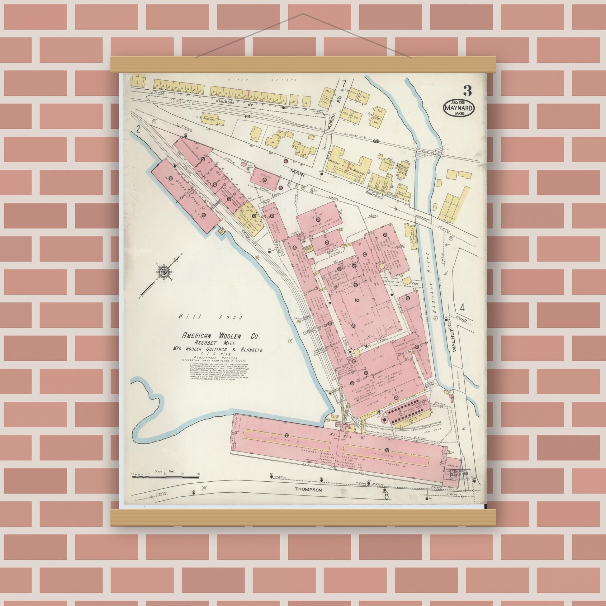 Old map wall art mockup — magnetic wood frame on brick wall — Sanborn Fire Insurance Map from Maynard, Middlesex County, Massachusetts (1915), Sheet #0003
