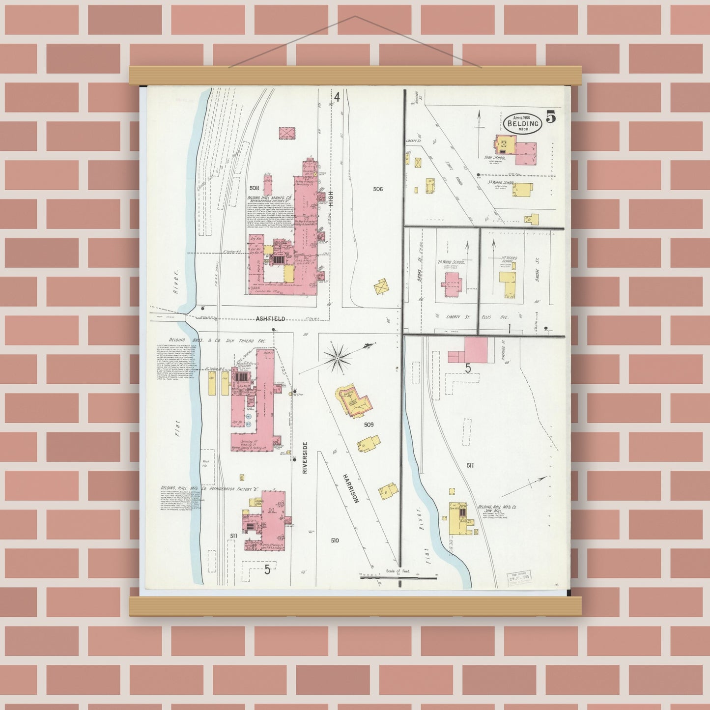 Old map wall art mockup — magnetic wood frame on brick wall — Sanborn Fire Insurance Map from Belding, Ionia County, Michigan (1900), Sheet #0005