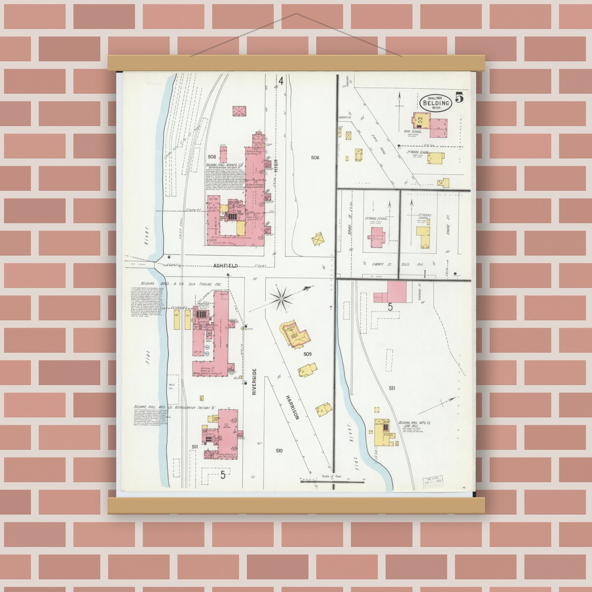 Old map wall art mockup — magnetic wood frame on brick wall — Sanborn Fire Insurance Map from Belding, Ionia County, Michigan (1900), Sheet #0005
