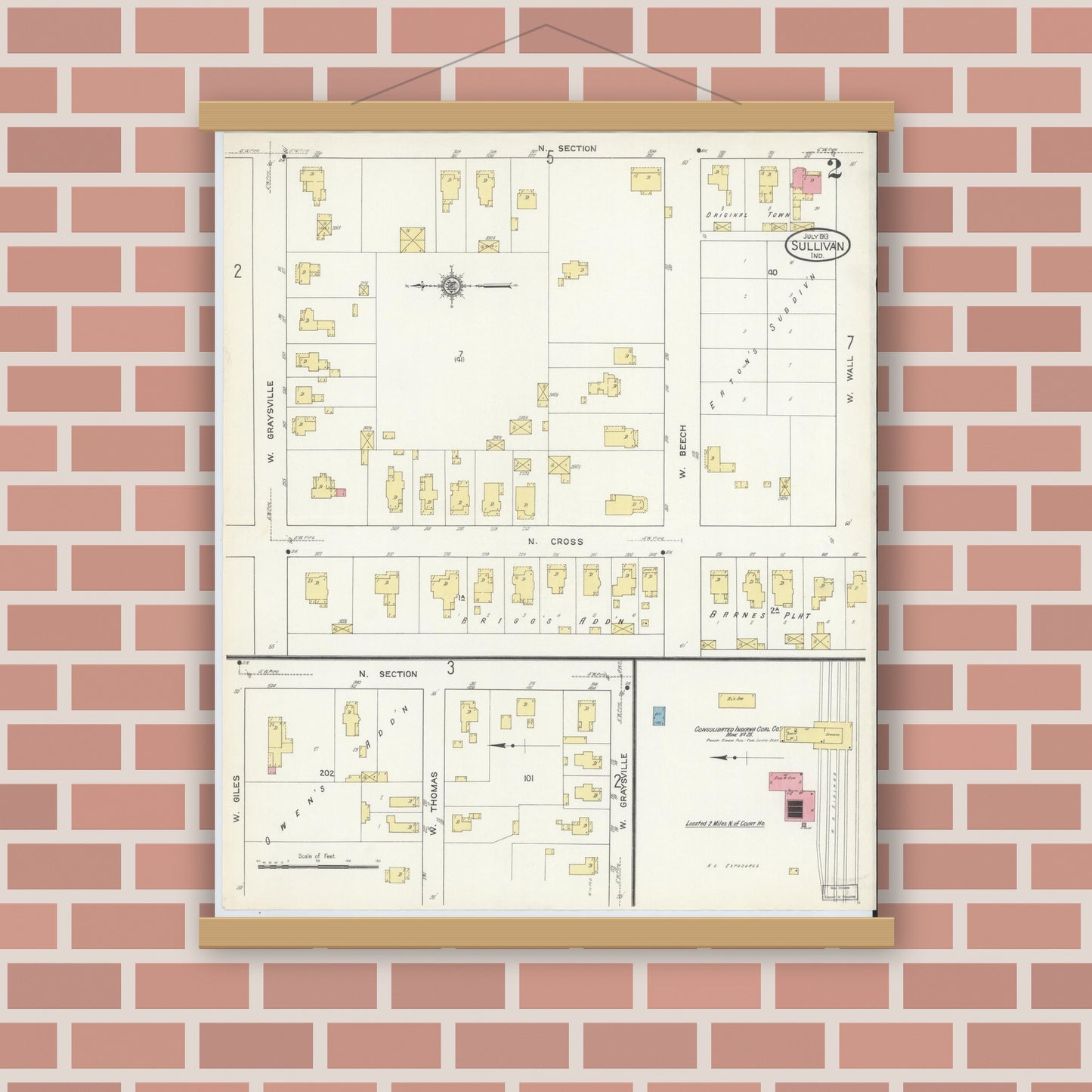 Old map wall art mockup — magnetic wood frame on brick wall — Sanborn Fire Insurance Map from Sullivan, Sullivan County, Indiana (1913), Sheet #0002