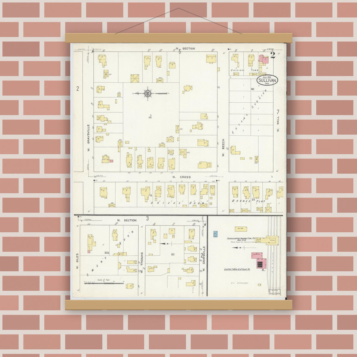 Old map wall art mockup — magnetic wood frame on brick wall — Sanborn Fire Insurance Map from Sullivan, Sullivan County, Indiana (1913), Sheet #0002