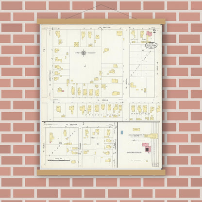 Old map wall art mockup — magnetic wood frame on brick wall — Sanborn Fire Insurance Map from Sullivan, Sullivan County, Indiana (1913), Sheet #0002