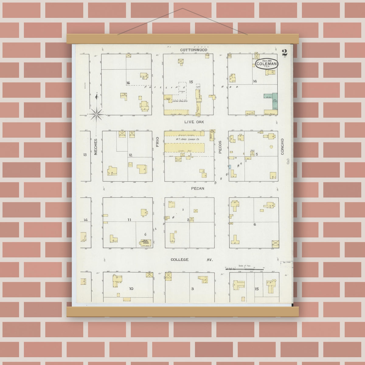 Old map wall art mockup — magnetic wood frame on brick wall — Sanborn Fire Insurance Map from Coleman, Coleman County, Texas (1893), Sheet #0002