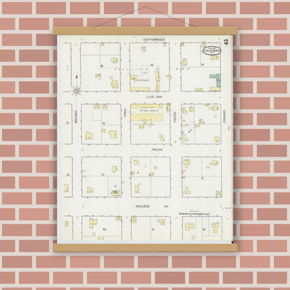 Old map wall art mockup — magnetic wood frame on brick wall — Sanborn Fire Insurance Map from Coleman, Coleman County, Texas (1893), Sheet #0002