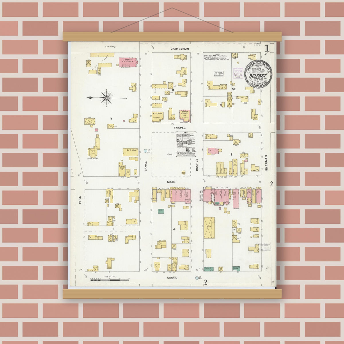 Old map wall art mockup — magnetic wood frame on brick wall — Sanborn Fire Insurance Map from Belfast, Allegany County, New York (1904), Sheet #0001