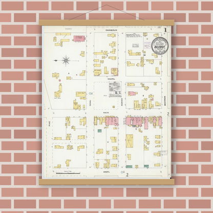 Old map wall art mockup — magnetic wood frame on brick wall — Sanborn Fire Insurance Map from Belfast, Allegany County, New York (1904), Sheet #0001