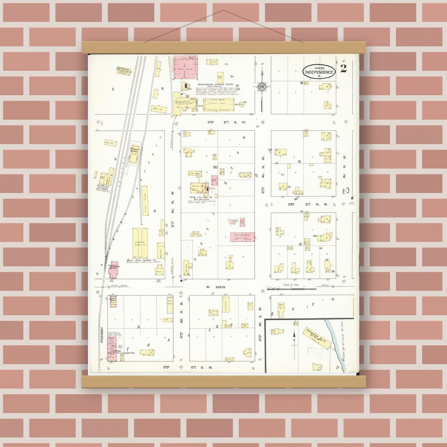 Old map wall art mockup — magnetic wood frame on brick wall — Sanborn Fire Insurance Map from Independence, Buchanan County, Iowa (1913), Sheet #0002