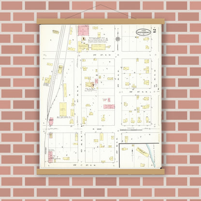 Old map wall art mockup — magnetic wood frame on brick wall — Sanborn Fire Insurance Map from Independence, Buchanan County, Iowa (1913), Sheet #0002