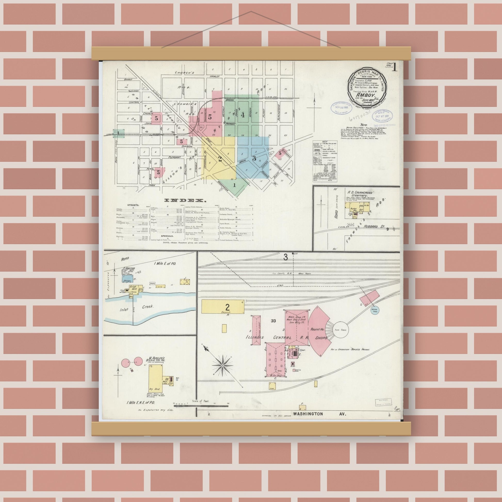 Old map wall art mockup — magnetic wood frame on brick wall — Sanborn Fire Insurance Map from Amboy, Lee County, Illinois (1897) - Complete Map Set