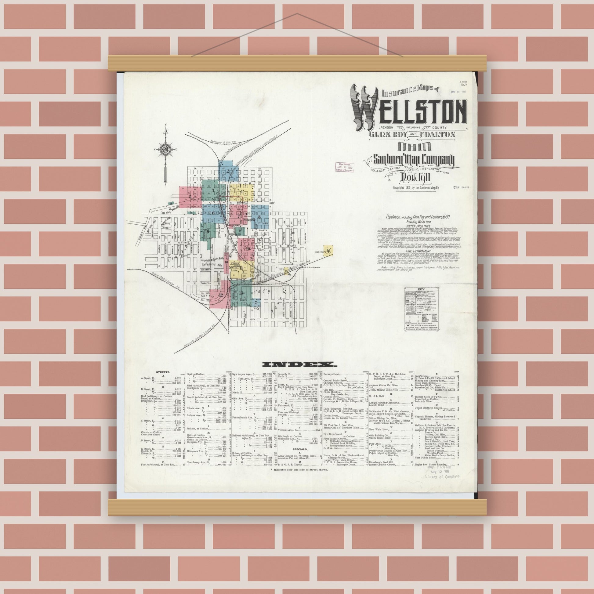 Old map wall art mockup — magnetic wood frame on brick wall — Sanborn Fire Insurance Map from Wellston, Jackson County, Ohio (1911), Sheet #0001
