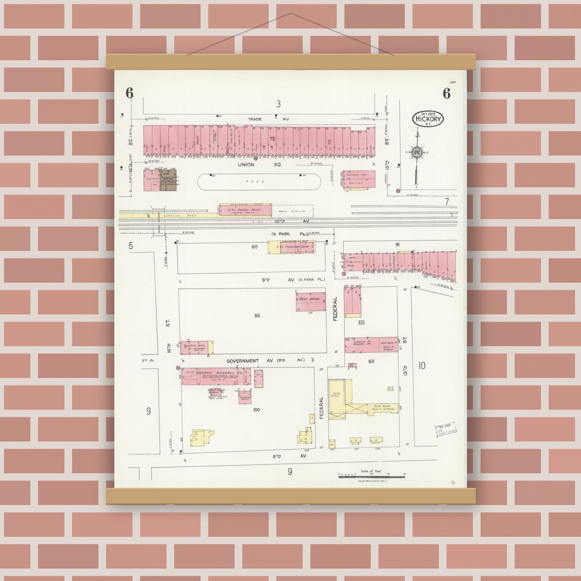 Old map wall art mockup — magnetic wood frame on brick wall — Sanborn Fire Insurance Map from Hickory, Catawba County, North Carolina (1925), Sheet #0006