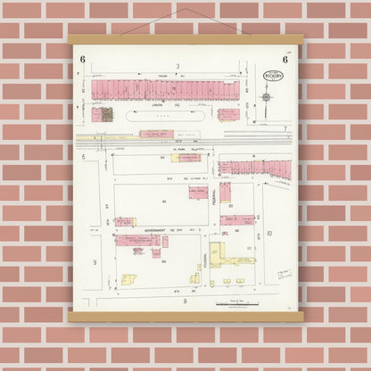 Old map wall art mockup — magnetic wood frame on brick wall — Sanborn Fire Insurance Map from Hickory, Catawba County, North Carolina (1925), Sheet #0006