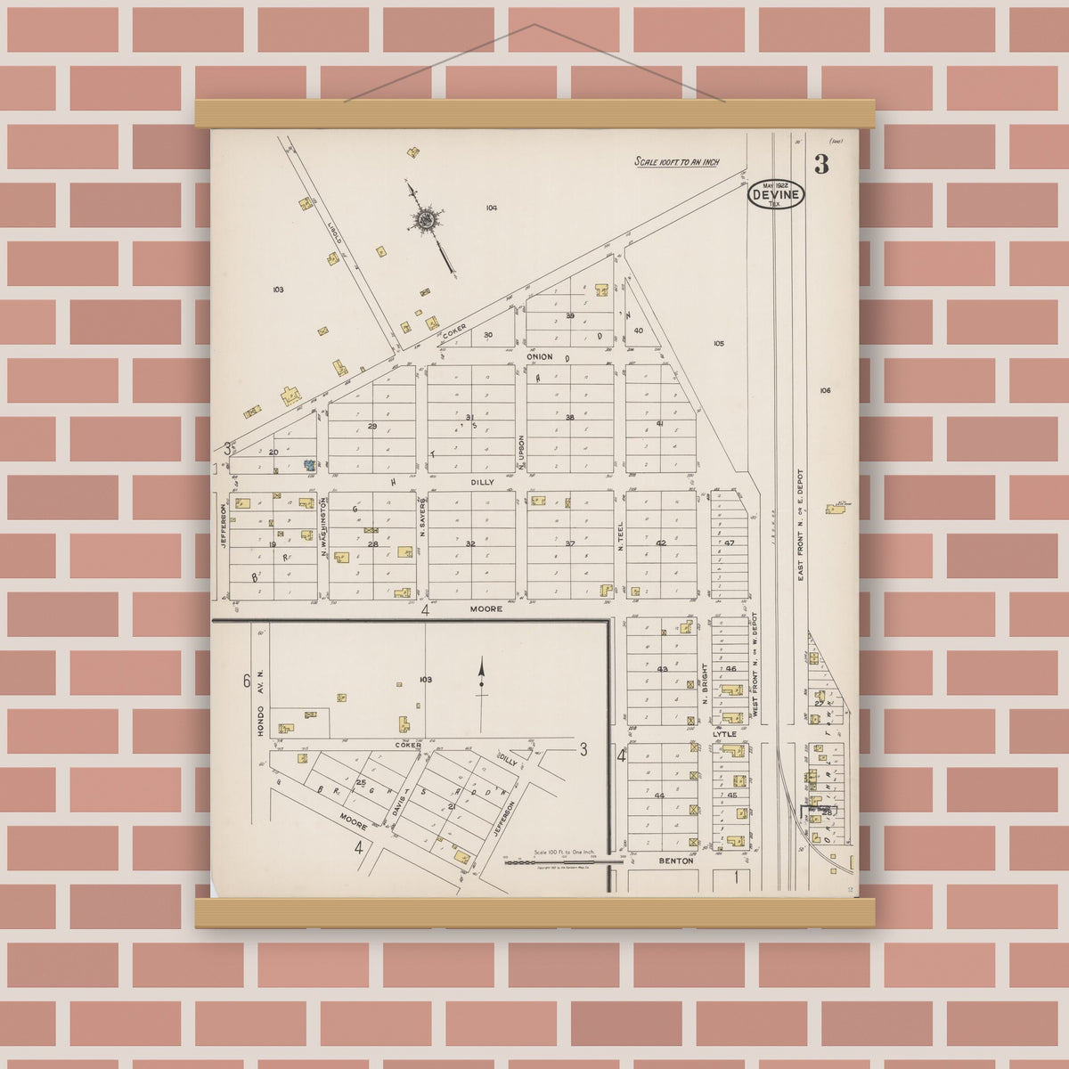 Old map wall art mockup — magnetic wood frame on brick wall — Sanborn Fire Insurance Map from Devine, Medina County, Texas (1922), Sheet #0003