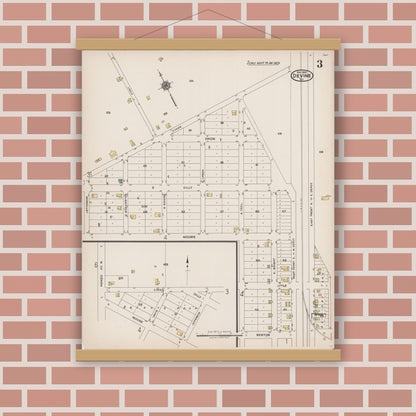 Old map wall art mockup — magnetic wood frame on brick wall — Sanborn Fire Insurance Map from Devine, Medina County, Texas (1922), Sheet #0003