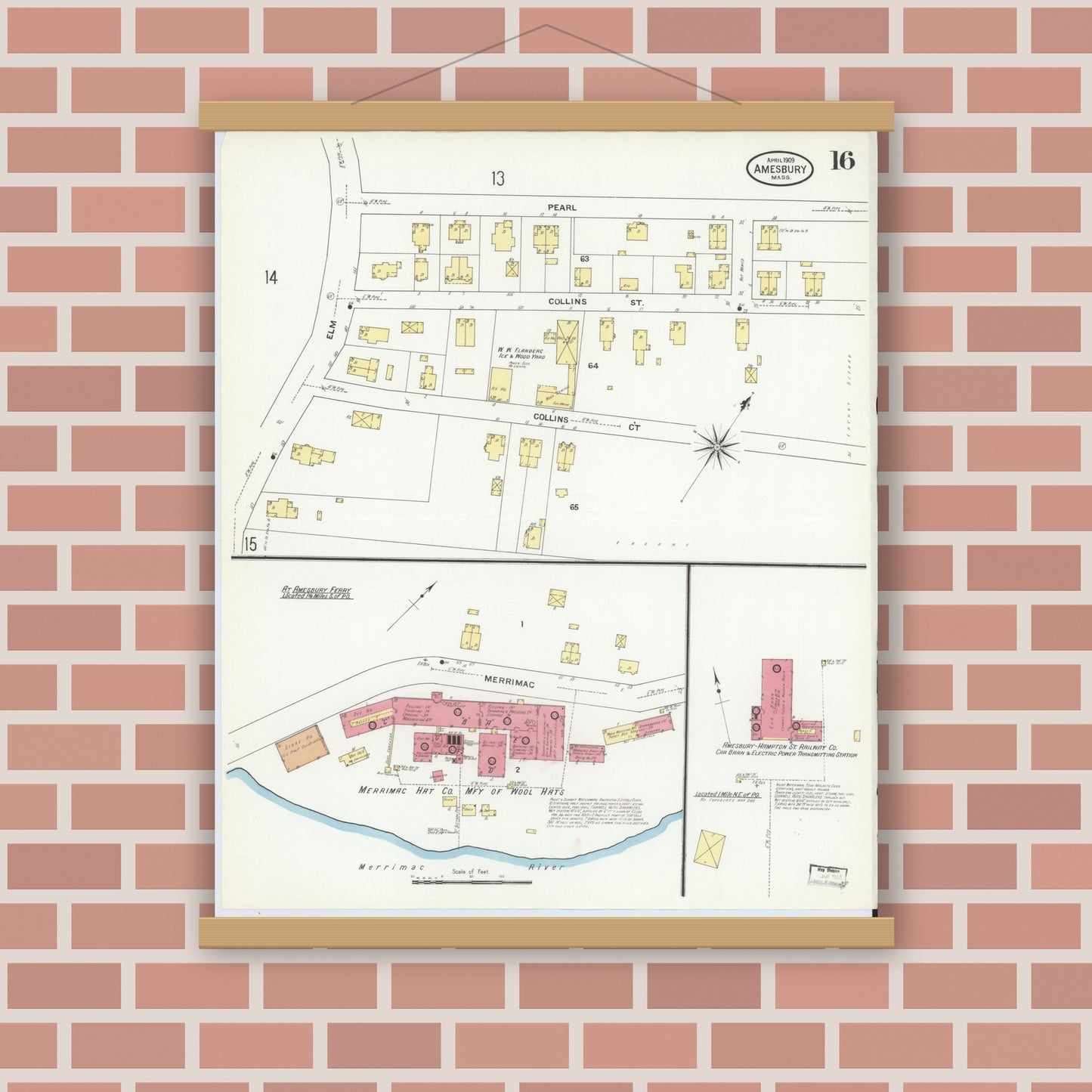 Old map wall art mockup — magnetic wood frame on brick wall — Sanborn Fire Insurance Map from Amesbury, Essex County, Massachusetts (1909), Sheet #0016