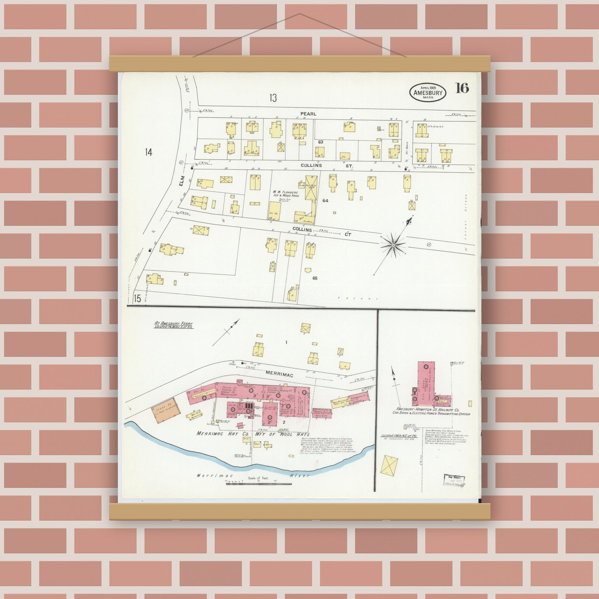 Old map wall art mockup — magnetic wood frame on brick wall — Sanborn Fire Insurance Map from Amesbury, Essex County, Massachusetts (1909), Sheet #0016
