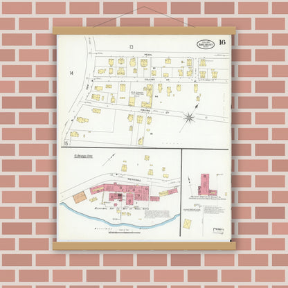 Old map wall art mockup — magnetic wood frame on brick wall — Sanborn Fire Insurance Map from Amesbury, Essex County, Massachusetts (1909), Sheet #0016