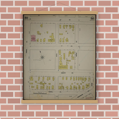 Old map wall art mockup — magnetic wood frame on brick wall — Sanborn Fire Insurance Map from New Jersey Coast, New Jersey Coast, New Jersey (1890), Sheet #0038