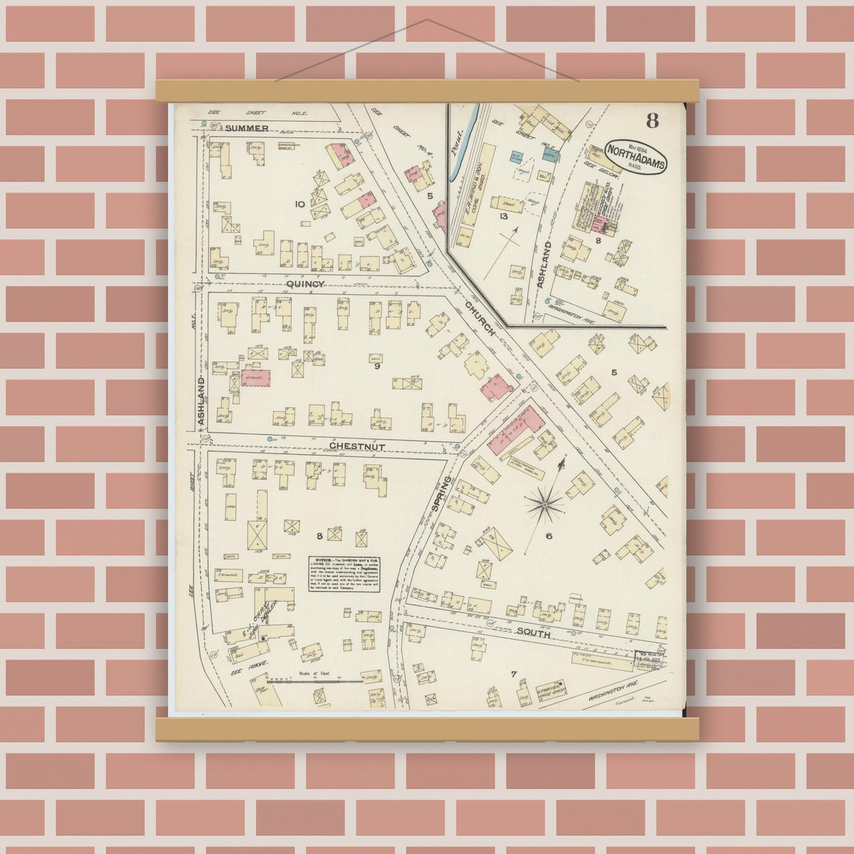 Old map wall art mockup — magnetic wood frame on brick wall — Sanborn Fire Insurance Map from North Adams, Berkshire County, Massachusetts (1884), Sheet #0008