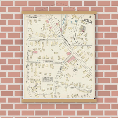 Old map wall art mockup — magnetic wood frame on brick wall — Sanborn Fire Insurance Map from North Adams, Berkshire County, Massachusetts (1884), Sheet #0008