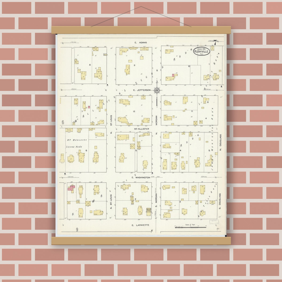 Old map wall art mockup — magnetic wood frame on brick wall — Sanborn Fire Insurance Map from Rushville, Schuyler County, Illinois (1913), Sheet #0007