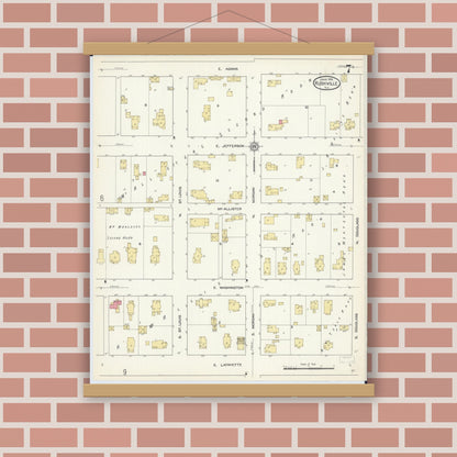 Old map wall art mockup — magnetic wood frame on brick wall — Sanborn Fire Insurance Map from Rushville, Schuyler County, Illinois (1913), Sheet #0007