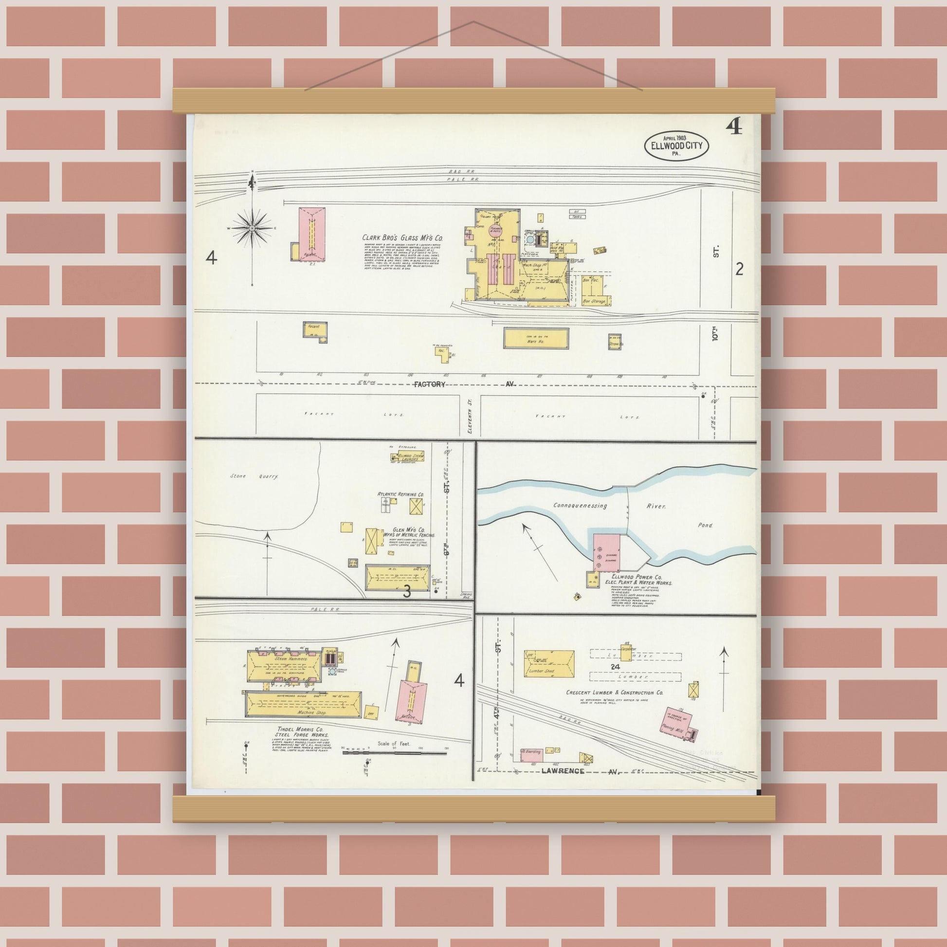 Old map wall art mockup — magnetic wood frame on brick wall — Sanborn Fire Insurance Map from Ellwood City, Lawrence County, Pennsylvania (1903), Sheet #0004