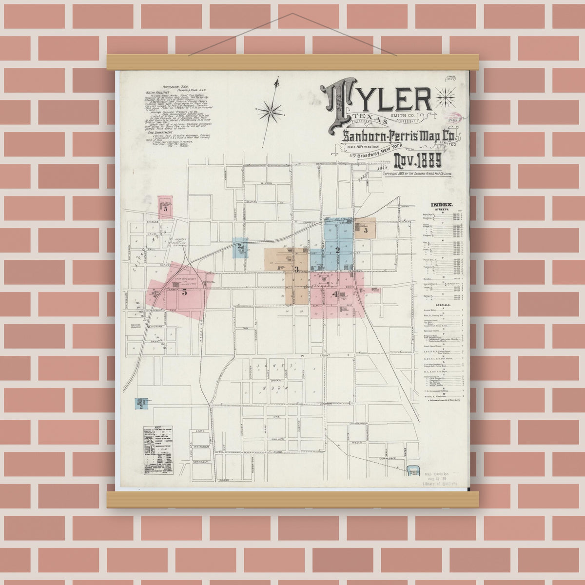 Old map wall art mockup — magnetic wood frame on brick wall — Sanborn Map from Tyler, Smith County, Texas (1889), Sheet #0001