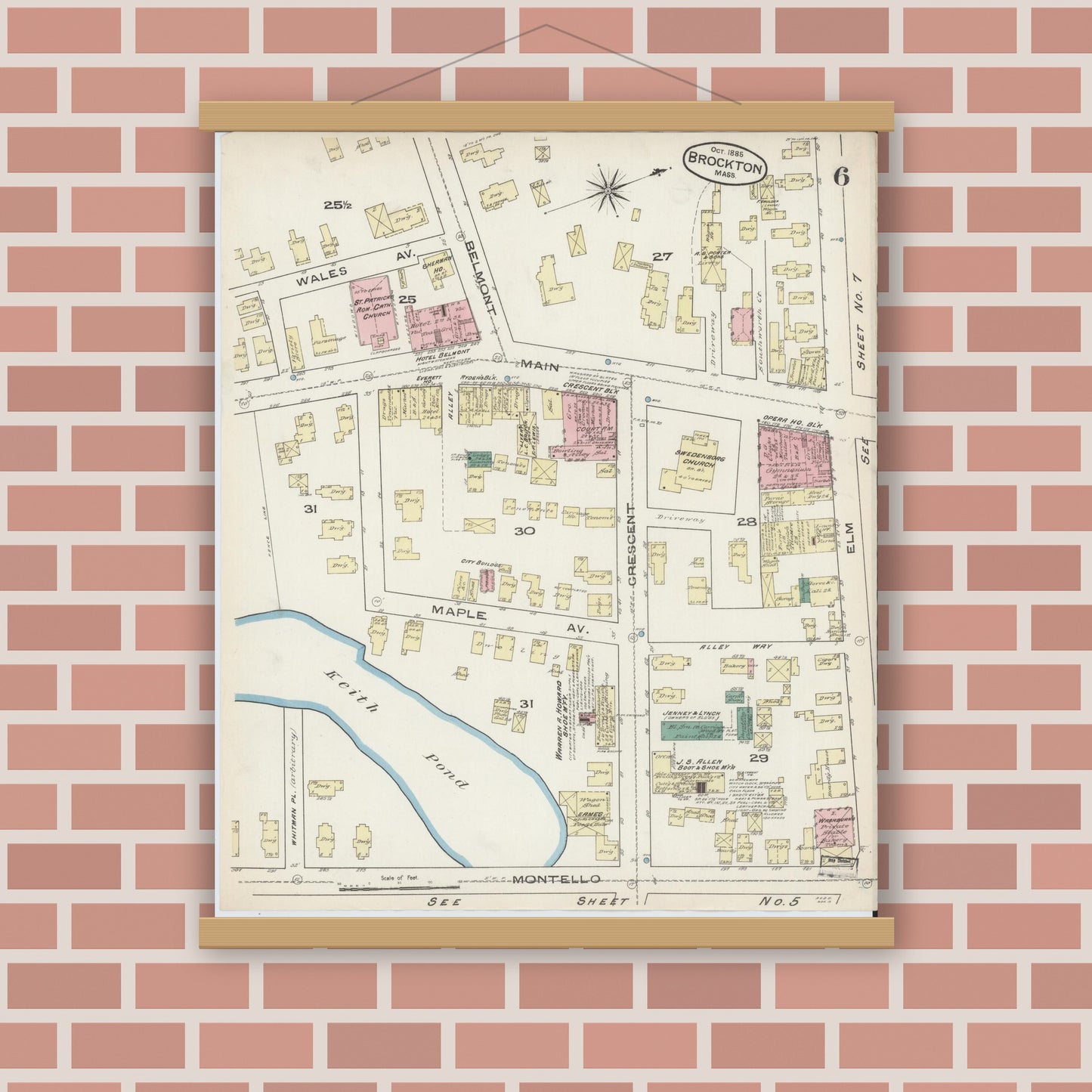 Old map wall art mockup — magnetic wood frame on brick wall — Sanborn Fire Insurance Map from Brockton, Plymouth County, Massachusetts (1885), Sheet #0006