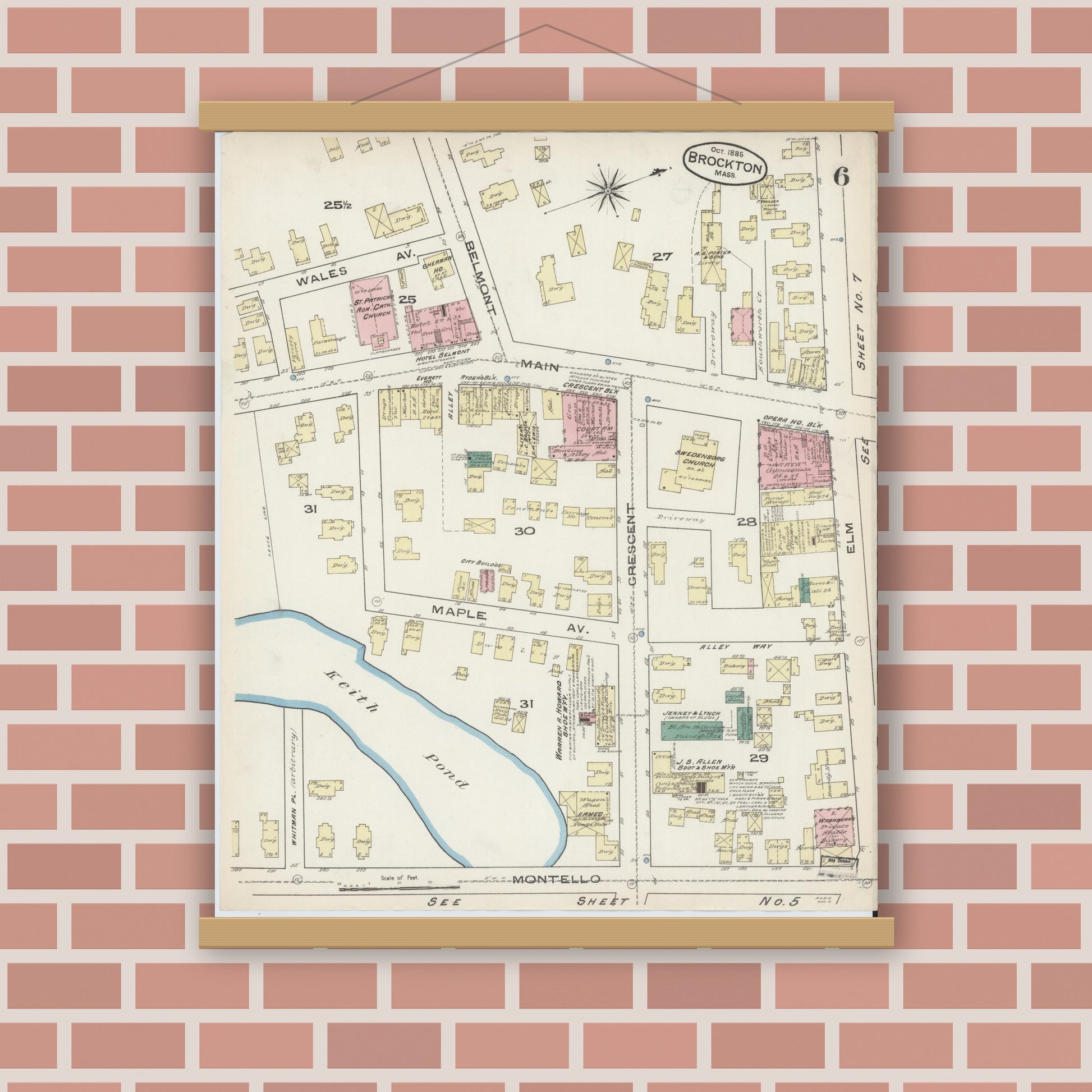 Old map wall art mockup — magnetic wood frame on brick wall — Sanborn Fire Insurance Map from Brockton, Plymouth County, Massachusetts (1885), Sheet #0006