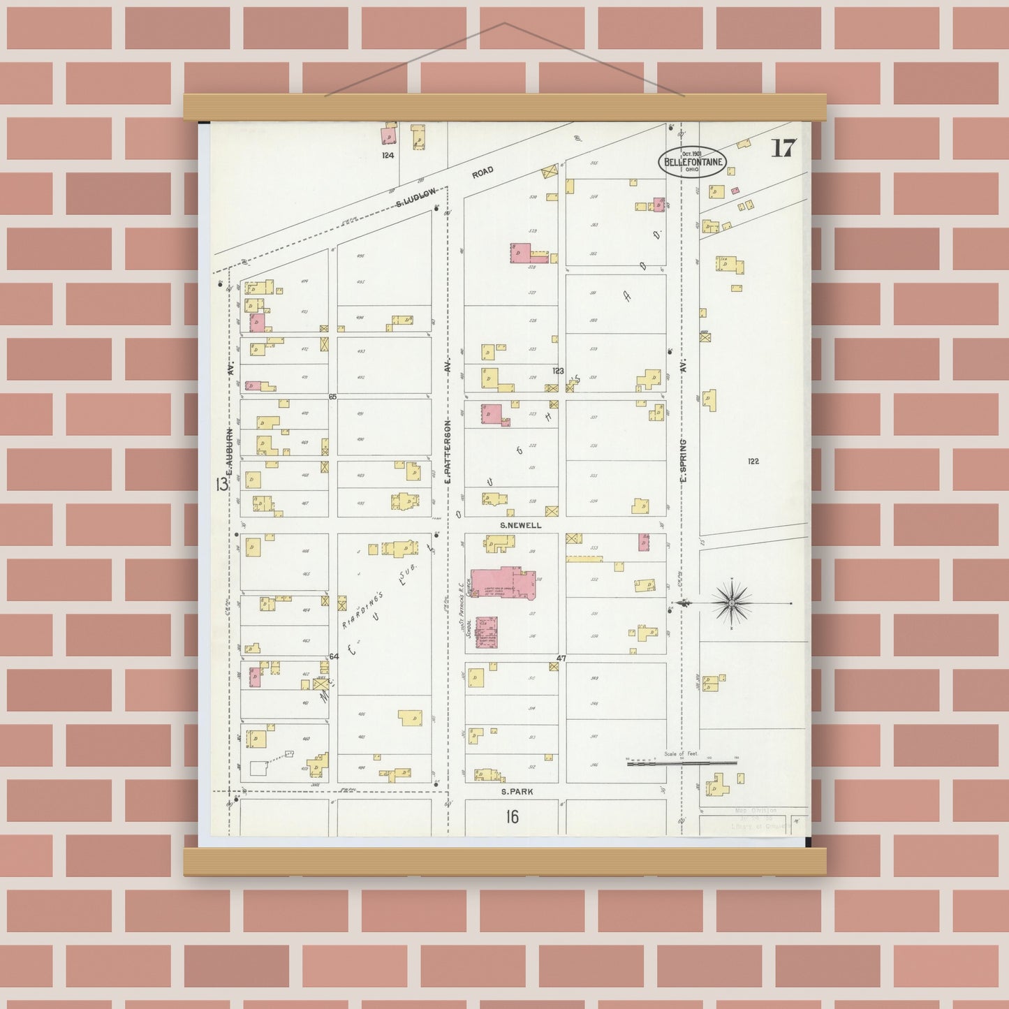 Old map wall art mockup — magnetic wood frame on brick wall — Sanborn Fire Insurance Map from Bellefontaine, Logan County, Ohio (1901), Sheet #0017