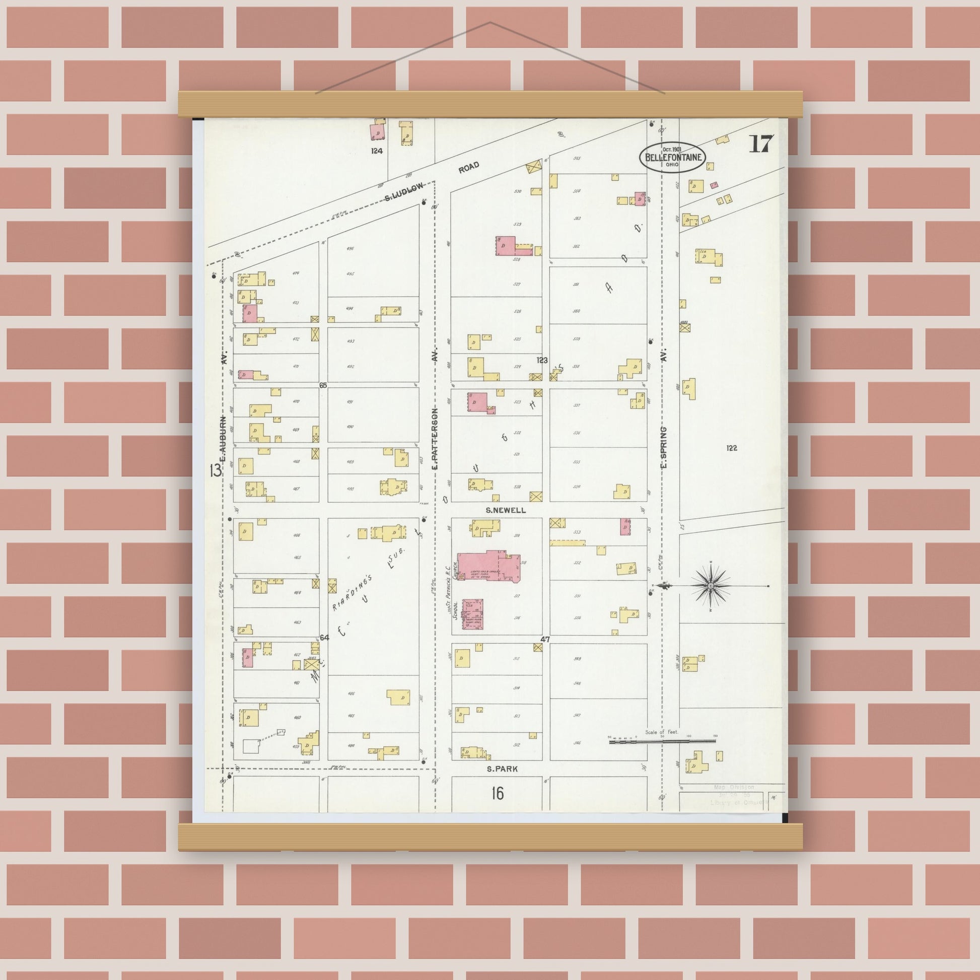Old map wall art mockup — magnetic wood frame on brick wall — Sanborn Fire Insurance Map from Bellefontaine, Logan County, Ohio (1901), Sheet #0017