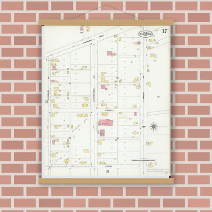 Old map wall art mockup — magnetic wood frame on brick wall — Sanborn Fire Insurance Map from Bellefontaine, Logan County, Ohio (1901), Sheet #0017