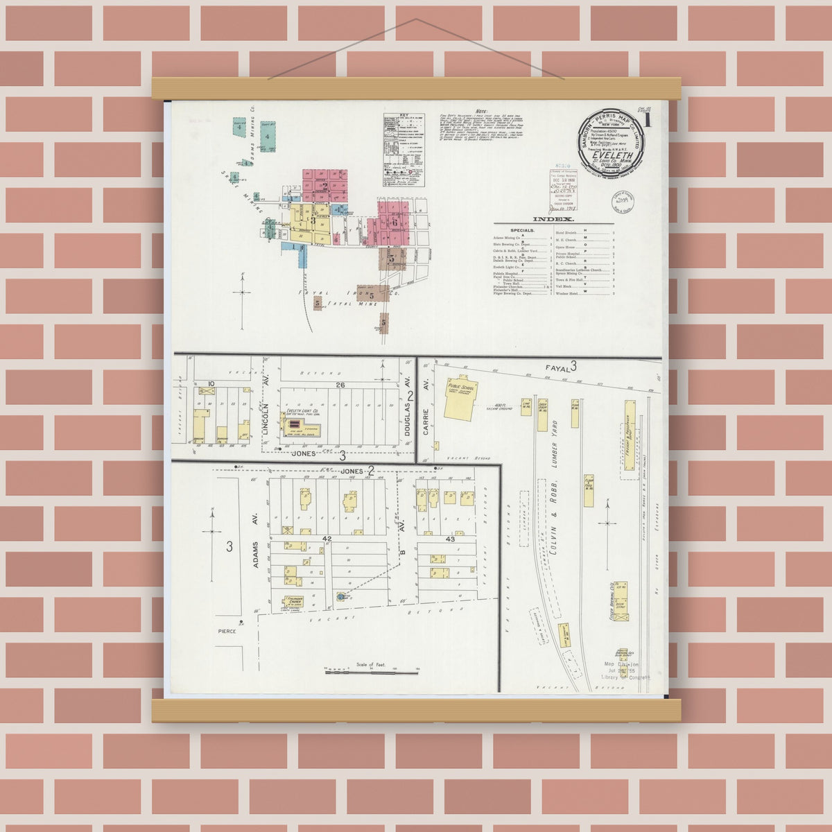 Old map wall art mockup — magnetic wood frame on brick wall — Sanborn Fire Insurance Map from Eveleth, Saint Louis County, Minnesota (1900), Sheet #0001