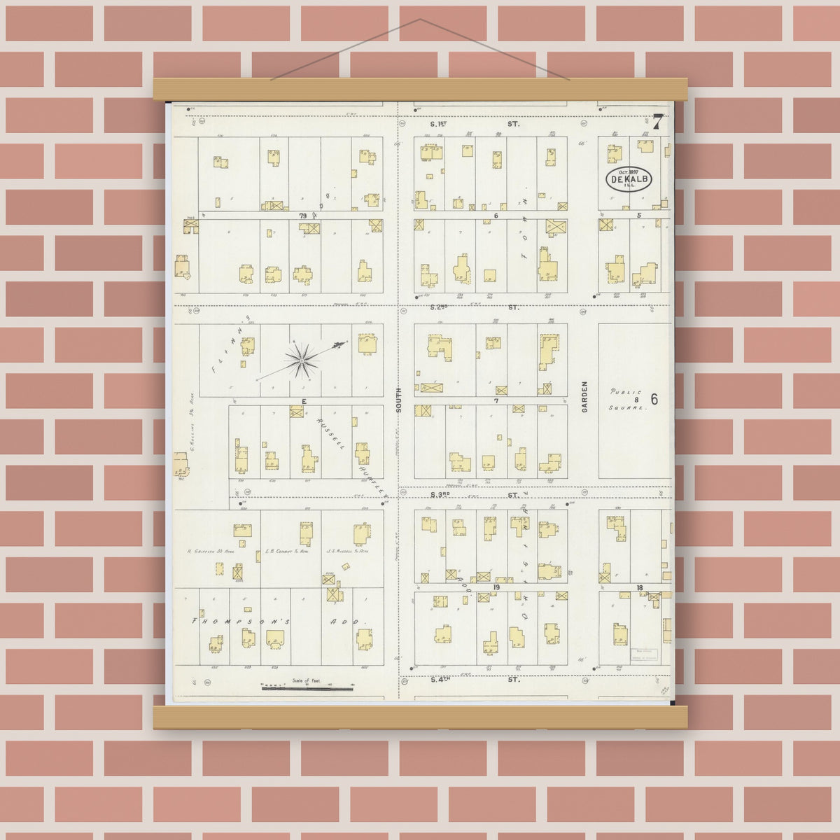 Old map wall art mockup — magnetic wood frame on brick wall — Sanborn Fire Insurance Map from De Kalb, De Kalb County, Illinois (1897), Sheet #0007