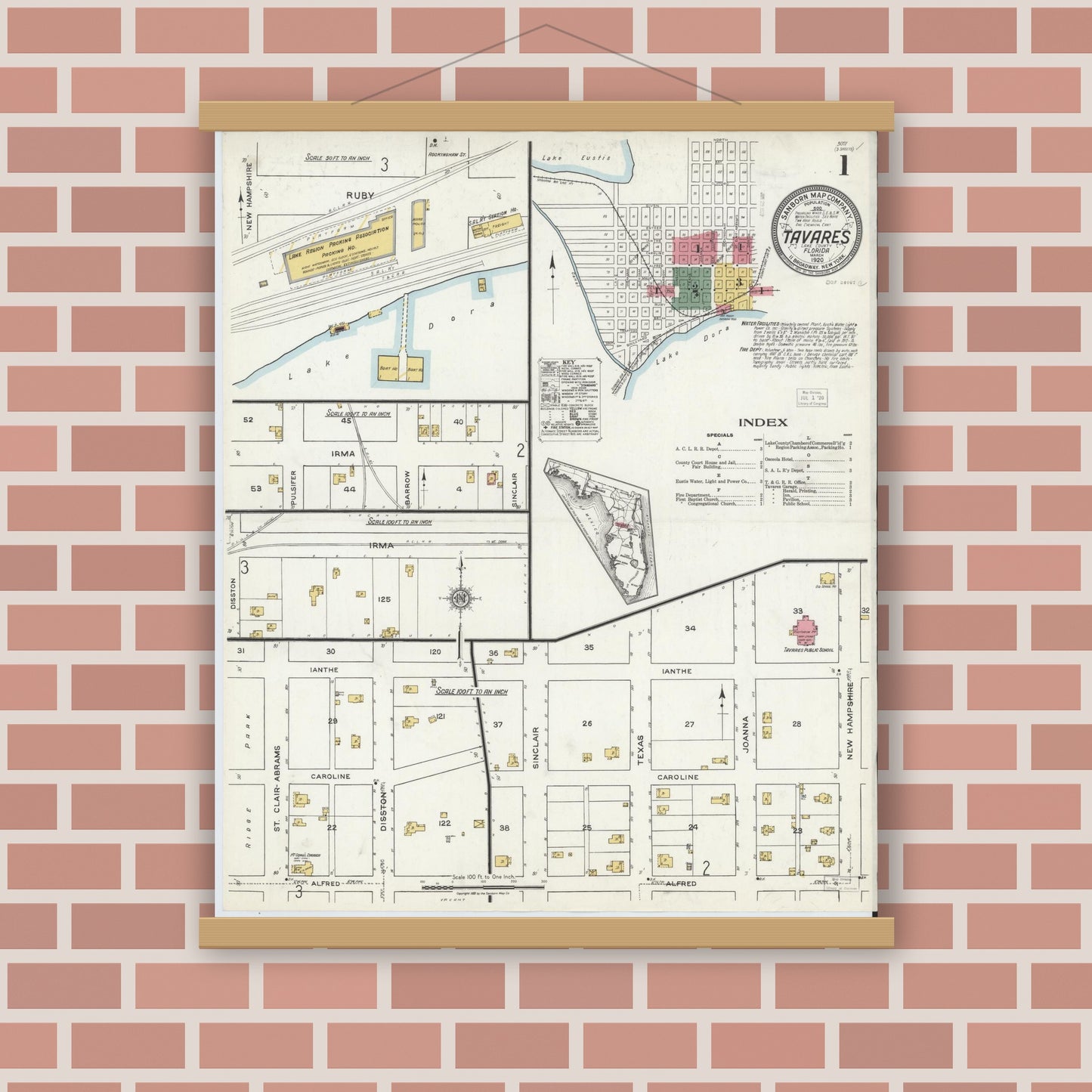 Old map wall art mockup — magnetic wood frame on brick wall — Sanborn Fire Insurance Map from Tavares, Lake County, Florida (1920) - Complete Map Set