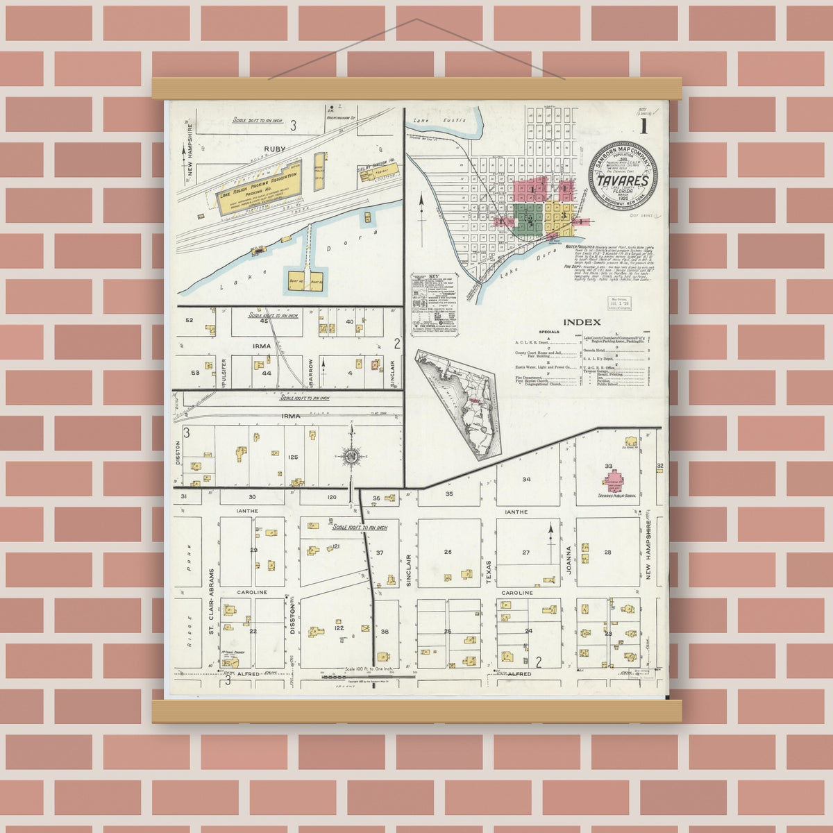 Old map wall art mockup — magnetic wood frame on brick wall — Sanborn Fire Insurance Map from Tavares, Lake County, Florida (1920) - Complete Map Set