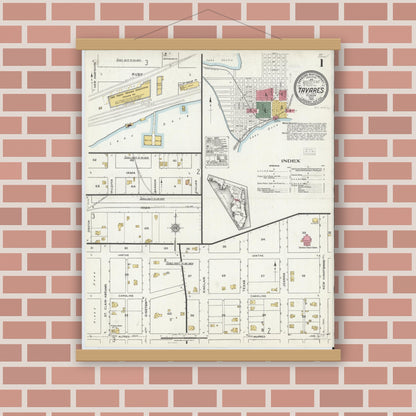 Old map wall art mockup — magnetic wood frame on brick wall — Sanborn Fire Insurance Map from Tavares, Lake County, Florida (1920) - Complete Map Set