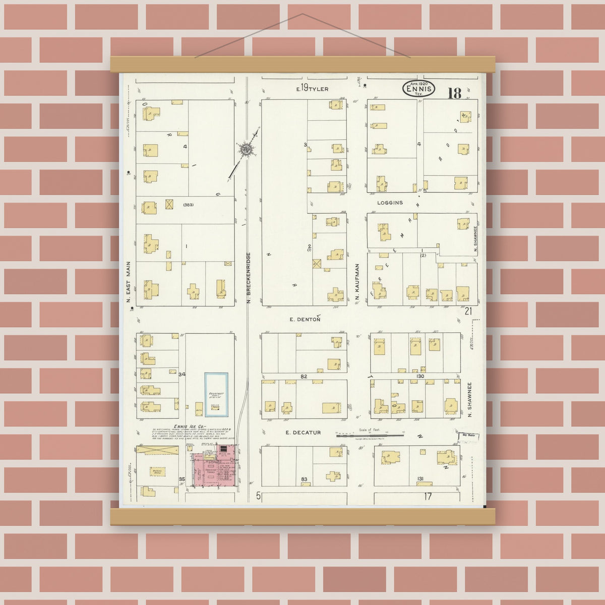 Old map wall art mockup — magnetic wood frame on brick wall — Sanborn Fire Insurance Map from Ennis, Ellis County, Texas (1920), Sheet #0018