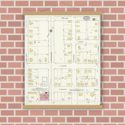 Old map wall art mockup — magnetic wood frame on brick wall — Sanborn Fire Insurance Map from Ennis, Ellis County, Texas (1920), Sheet #0018