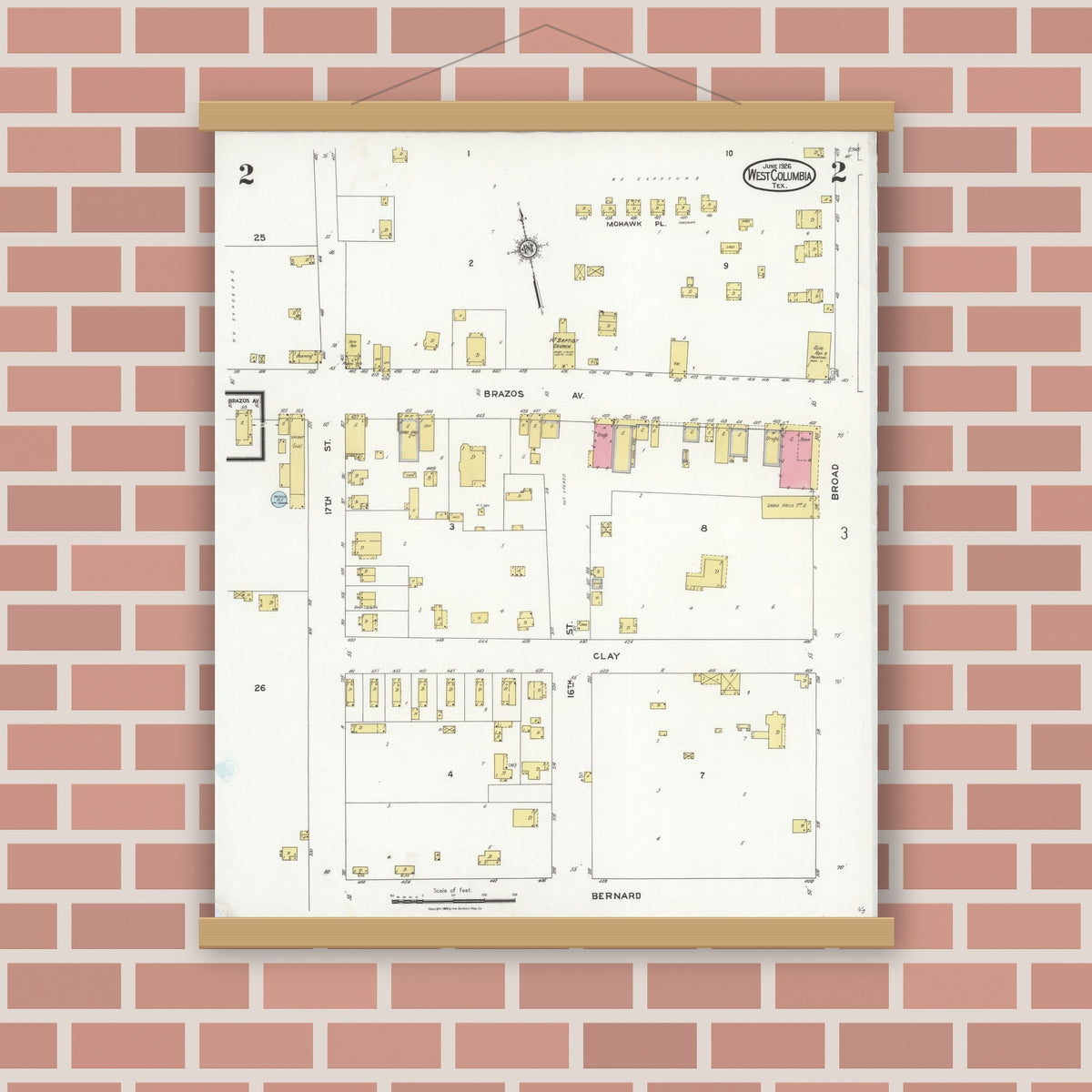 Old map wall art mockup — magnetic wood frame on brick wall — Sanborn Fire Insurance Map from West Columbia, Brazoria County, Texas (1926), Sheet #0002