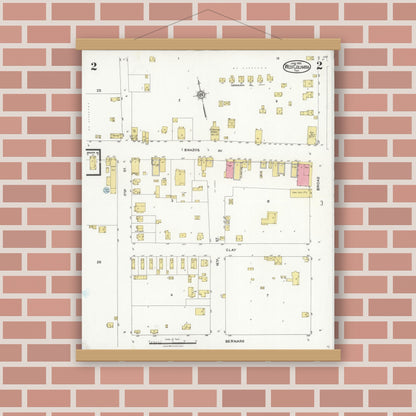 Old map wall art mockup — magnetic wood frame on brick wall — Sanborn Fire Insurance Map from West Columbia, Brazoria County, Texas (1926), Sheet #0002